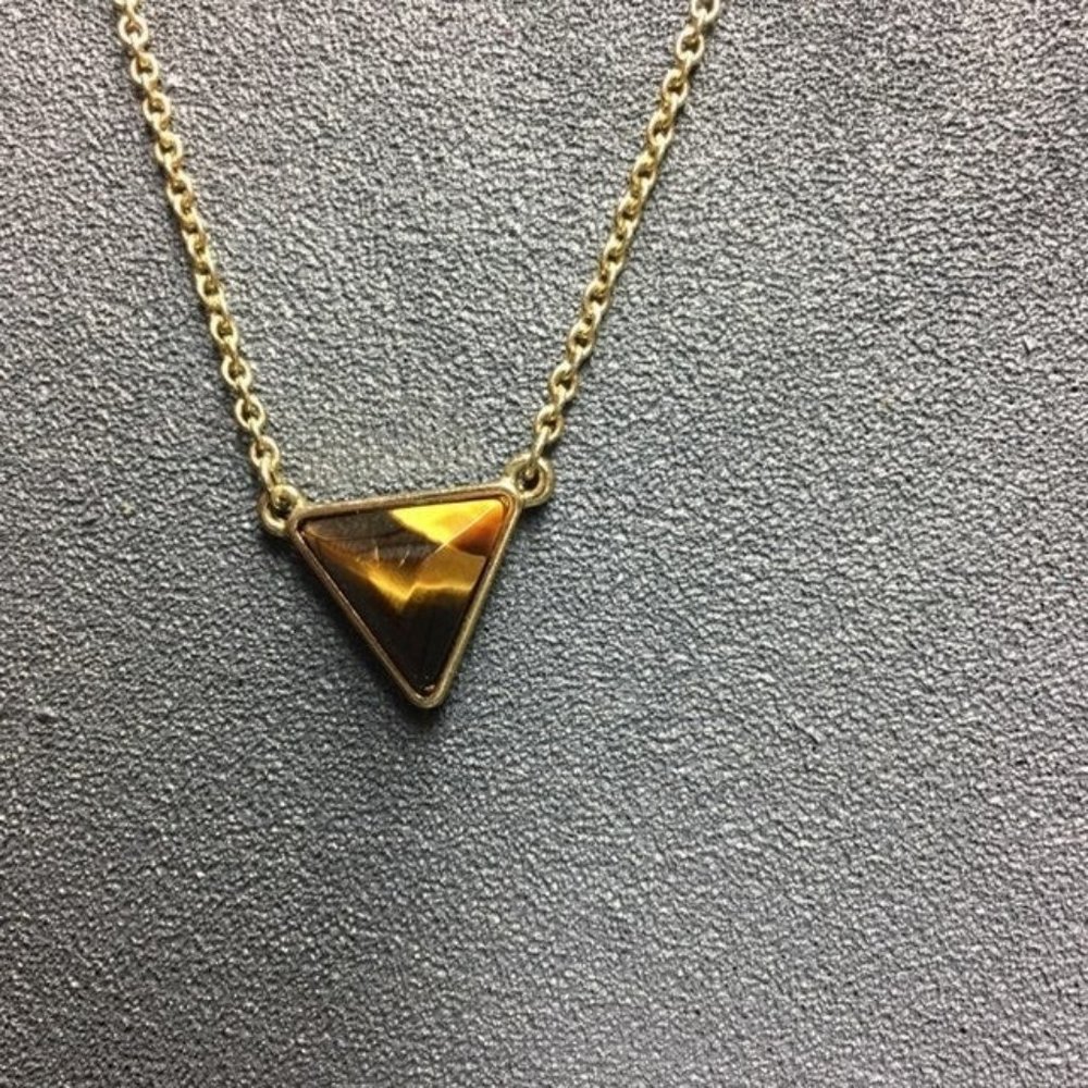 Gold Necklace Earrings Triple Chain Triangle Brown Stone V - Picture 3 of 10